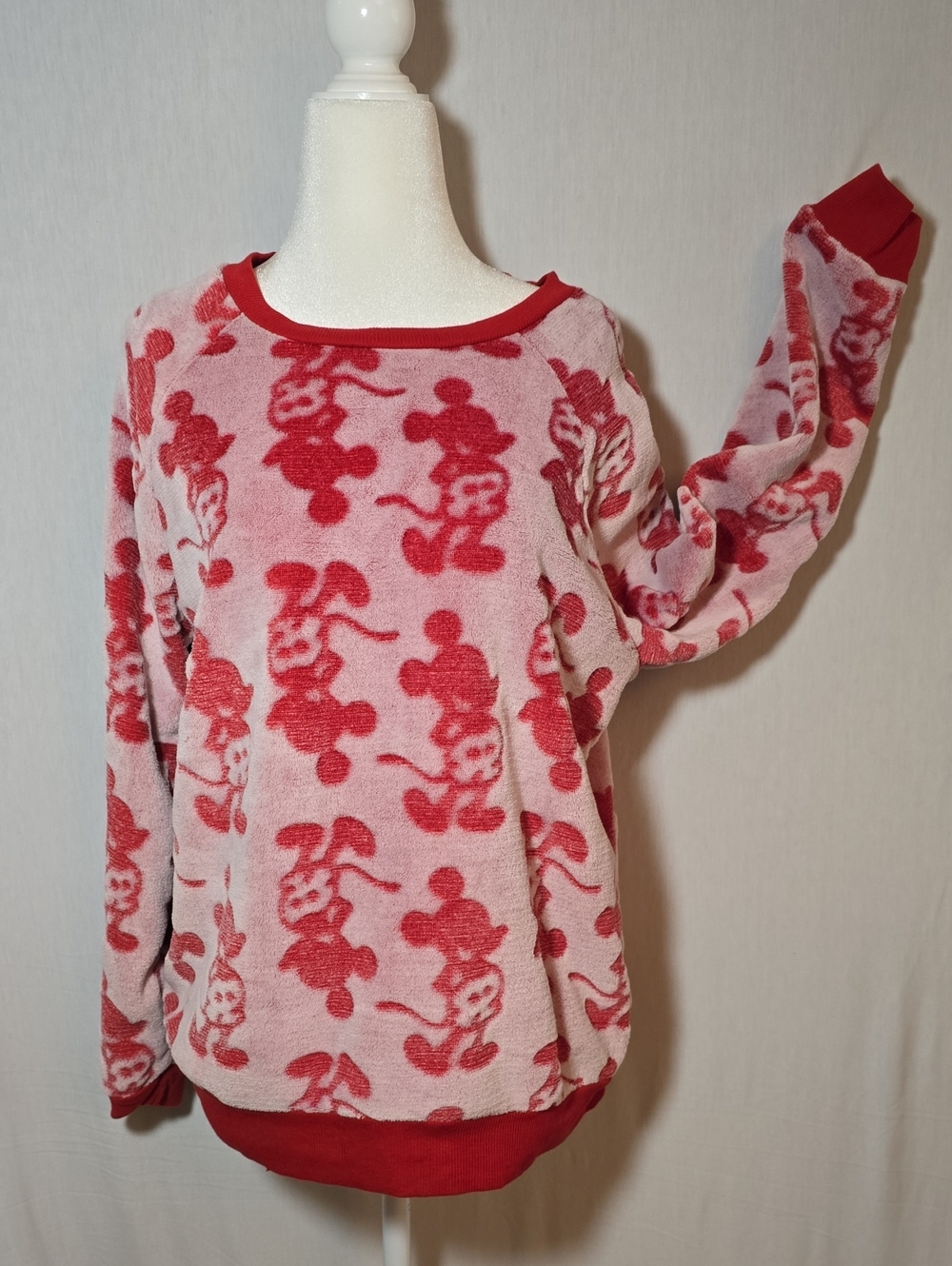 Like New Disney Pink and Red Mickey Mouse Plush Crewneck Sweater